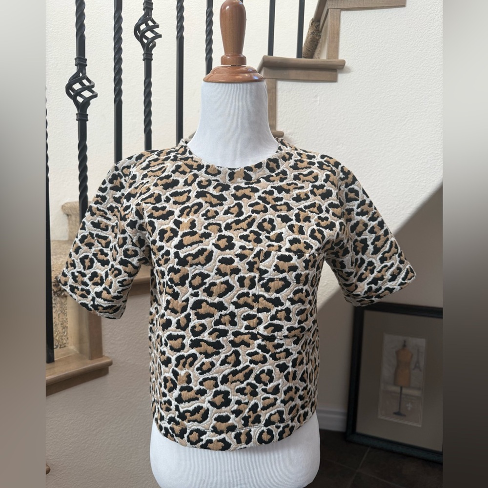 MAEVE Anthropologie Leopard Print Boxy Crop Top XS Knit Tee Pocket Short Sleeve